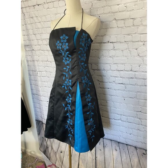 Vintage Y2K Morgan & Co Size 10 Black Blue Floral Boned Strapless Mini Dress - Picture 3 of 8